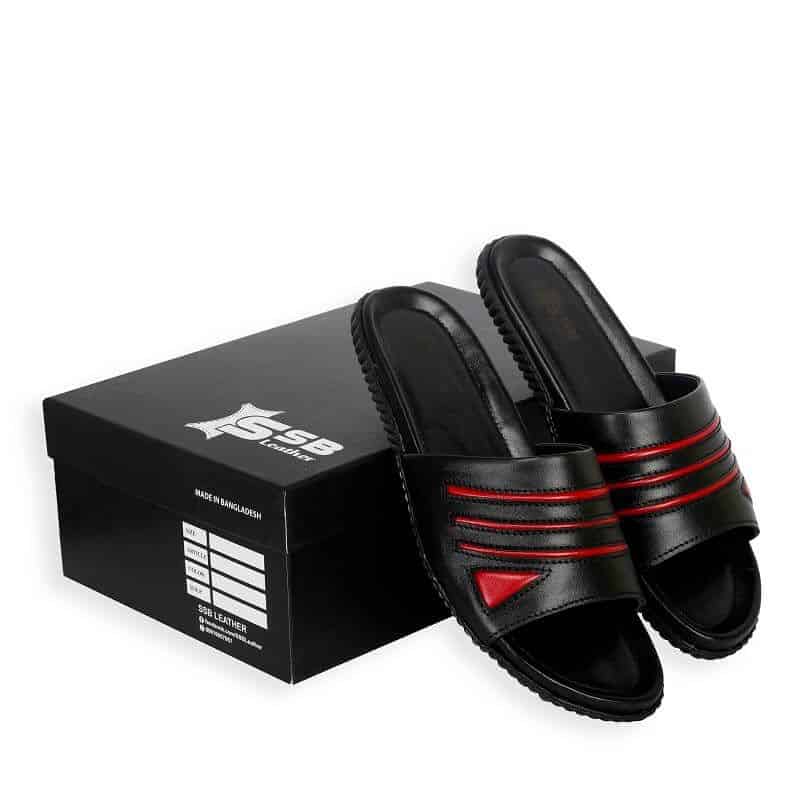 Red Strip Black Leather Slide Price in BD | SSB Leather