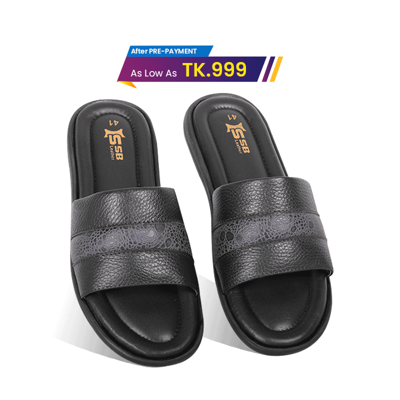 Black Textured Leather Slide Sandal For Men SB-S1094