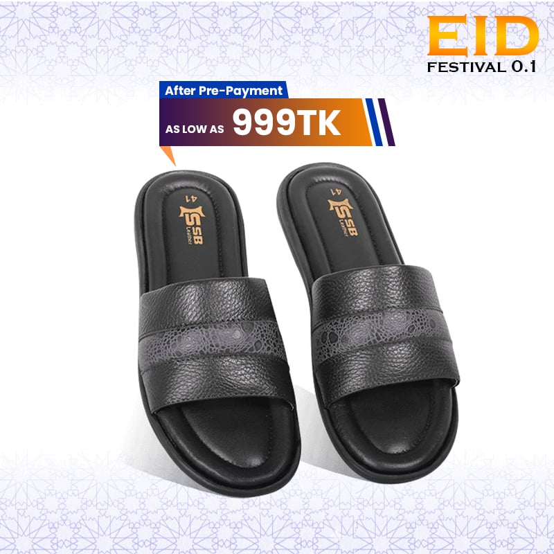 Black Textured Leather Slide Sandal For Men SB-S1094