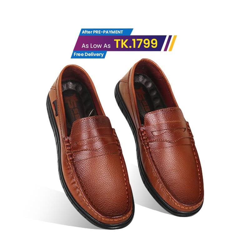 Cognac Brown Leather Casual Shoes For Men SB-S999