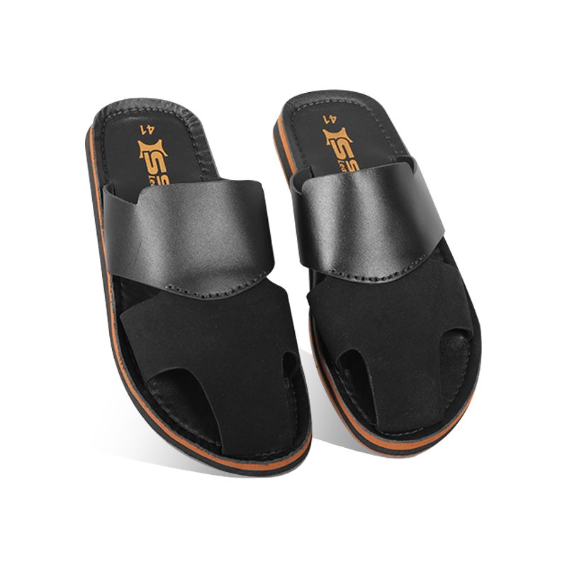 Black Dual-Texture Leather Slide Sandal For Men SB-S1061