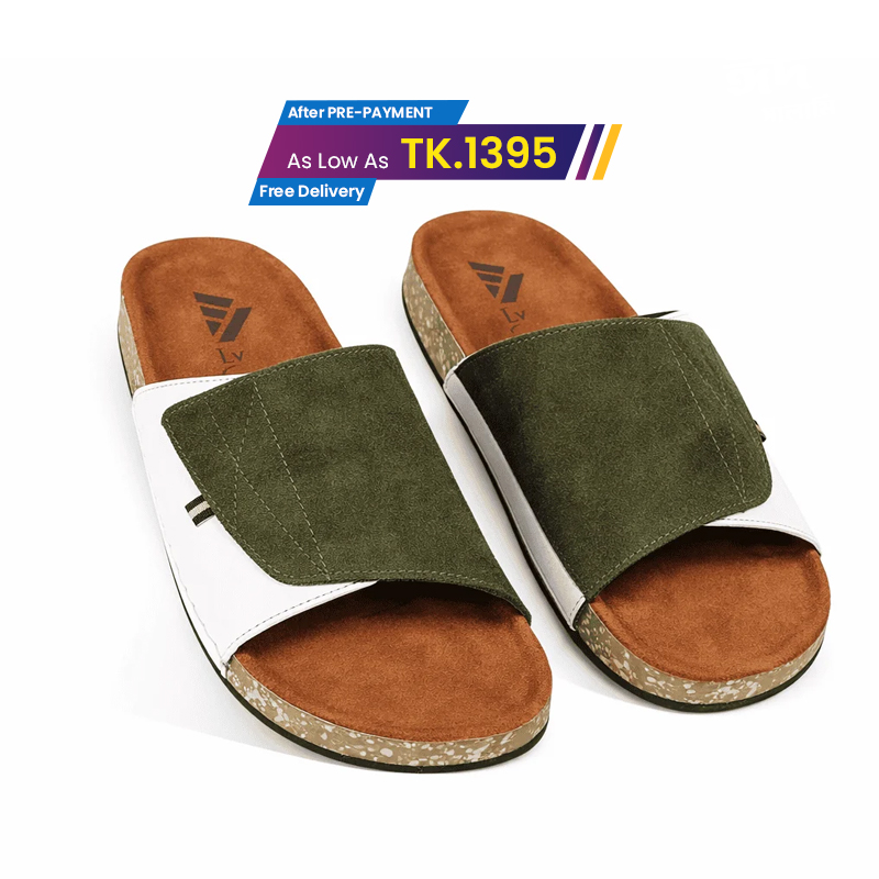 Olive Green And White Suede Slide Sandal For Men MF22