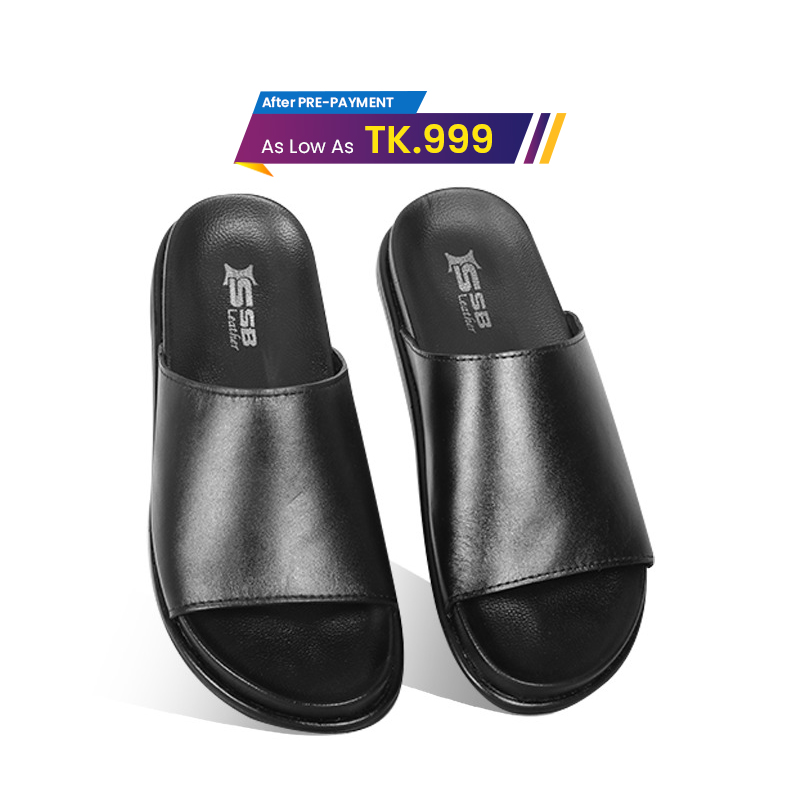Black Leather Slide Sandal For Men SB-S1100
