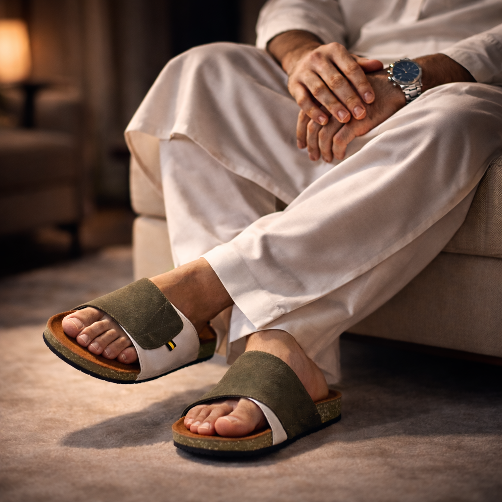 Olive Green And White Suede Slide Sandal For Men MF22