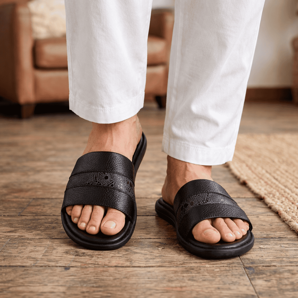 Black Textured Leather Slide Sandal For Men SB-S1094