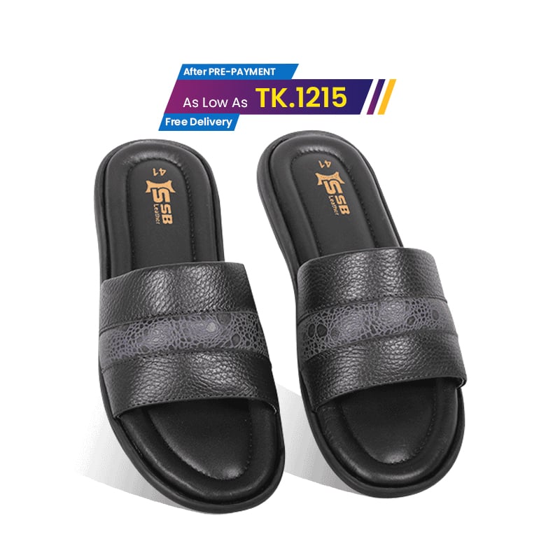 Black Textured Leather Slide Sandal For Men SB-S1094