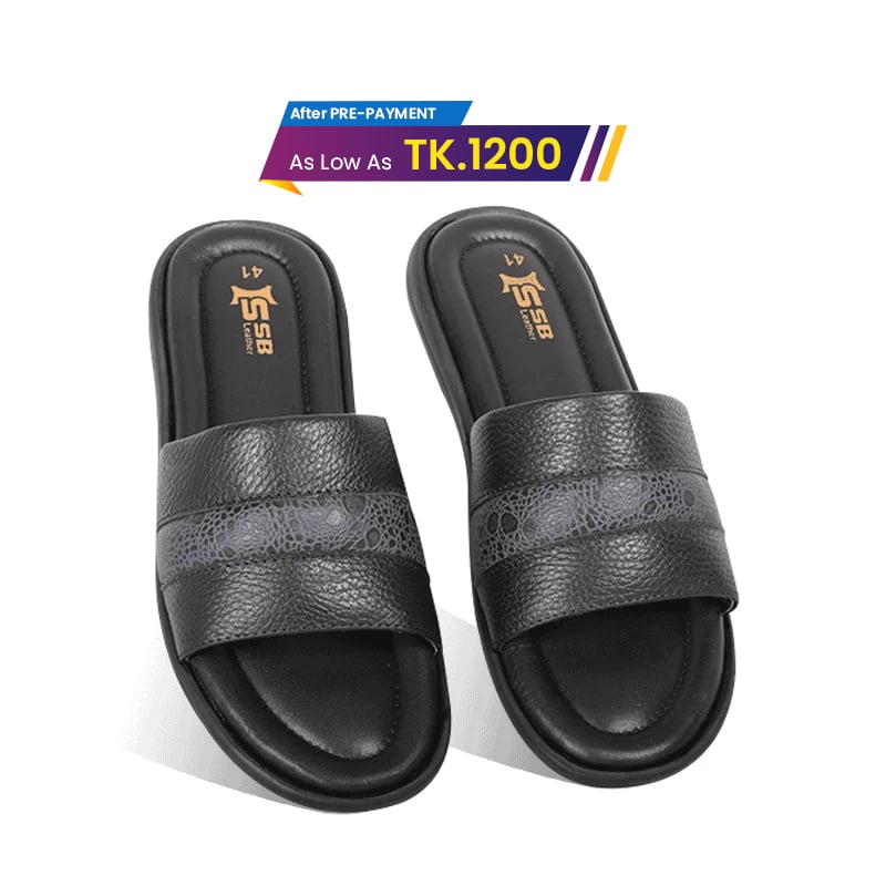 Black Textured Leather Slide Sandal For Men SB-S1094