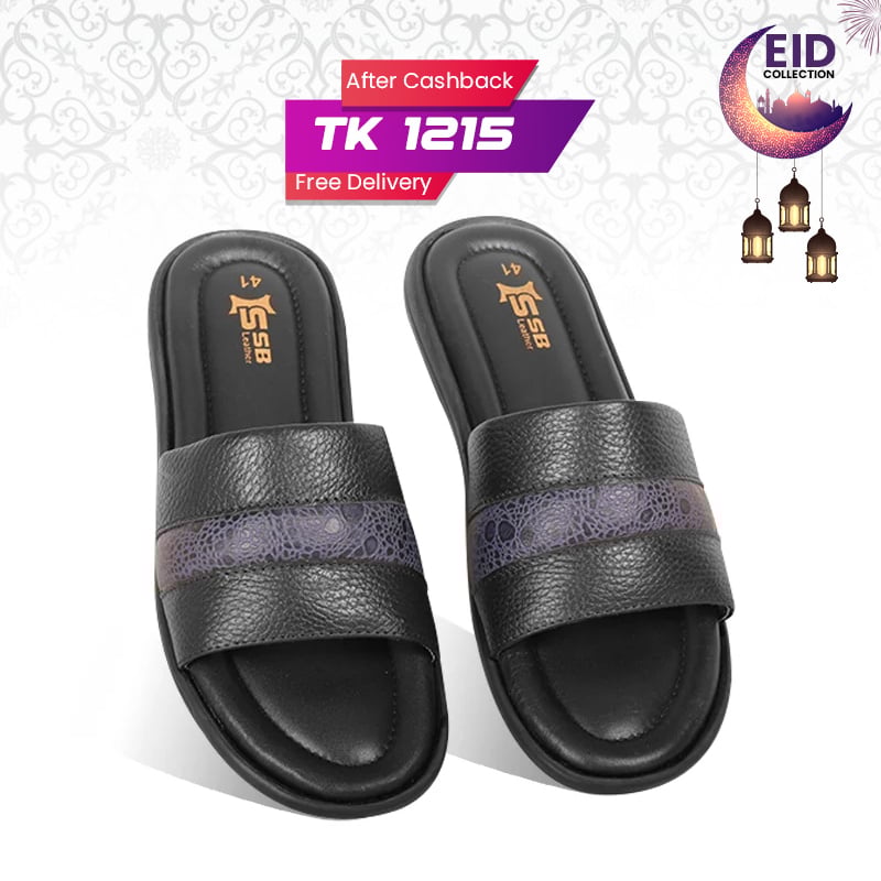 Black Textured Leather Slide Sandal For Men SB-S1094