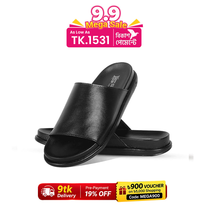 Black Leather Slide Sandal For Men SB-S1100