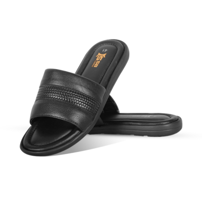 Black Woven Pattern Leather Slide Sandal For Men SB-S1110