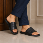 Black Woven Pattern Leather Slide Sandal For Men SB-S1110