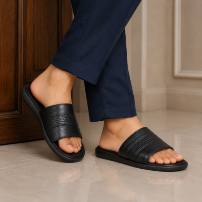 Black Woven Pattern Leather Slide Sandal For Men SB-S1110