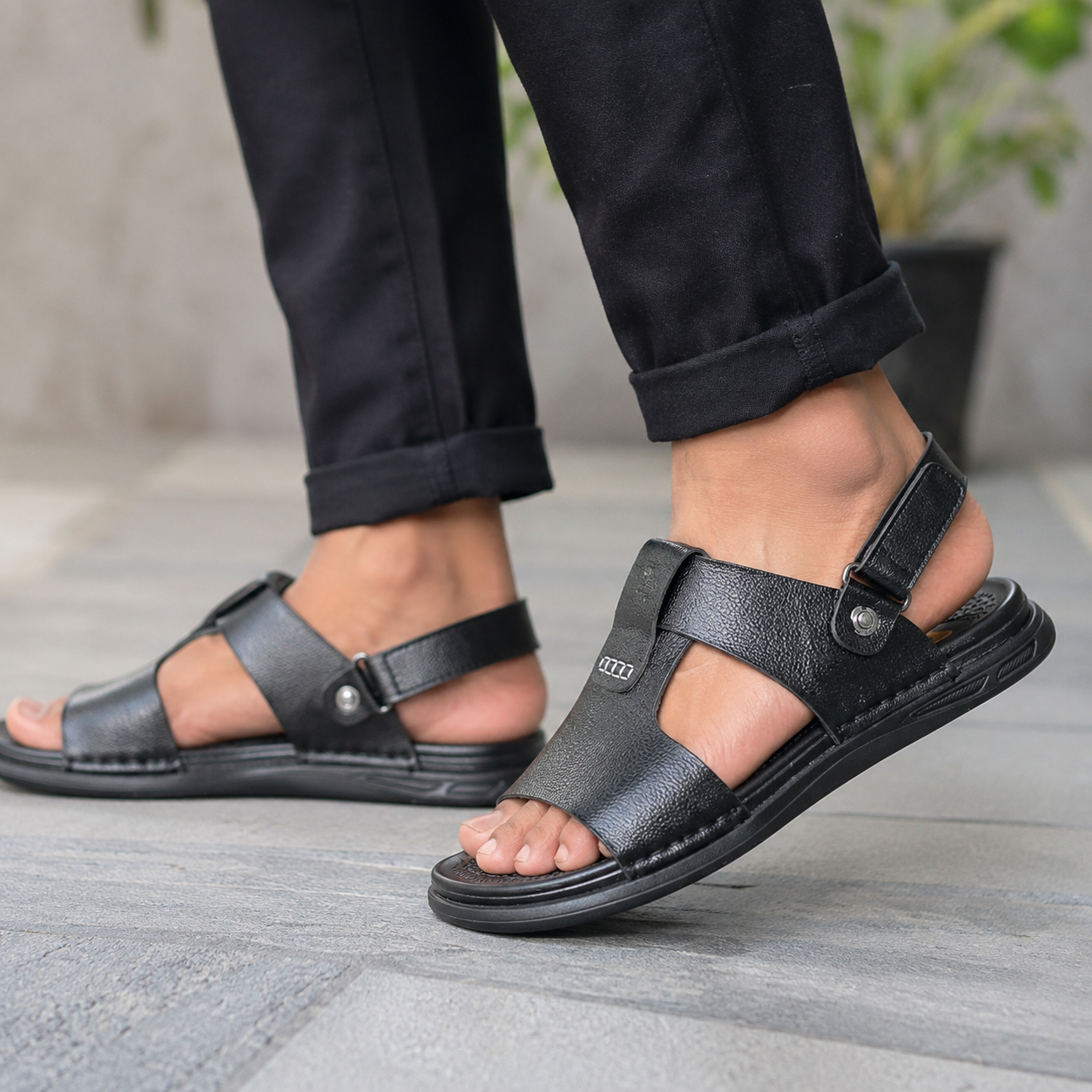 Black Leather Sandal For Men SB-S1176