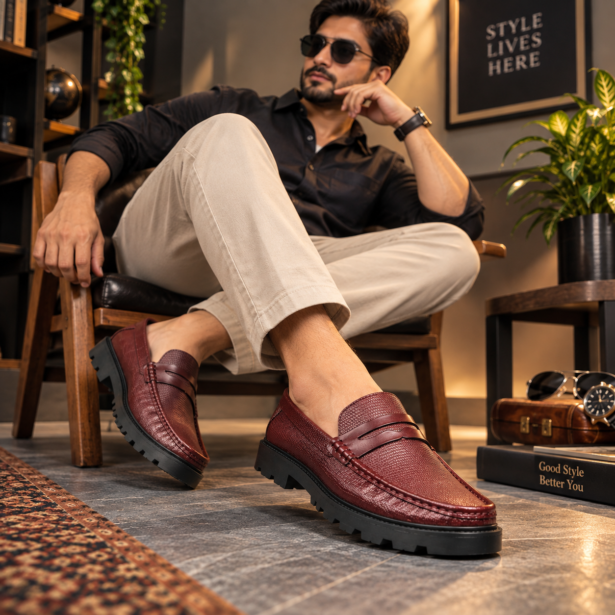 Dark Burgundy Leather Chunky Shoes S1188