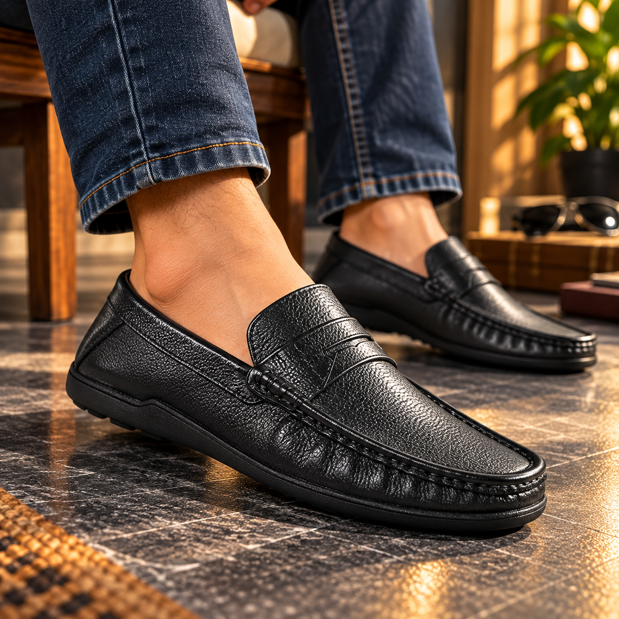 Black Leather Casual Loafer Shoes S1193