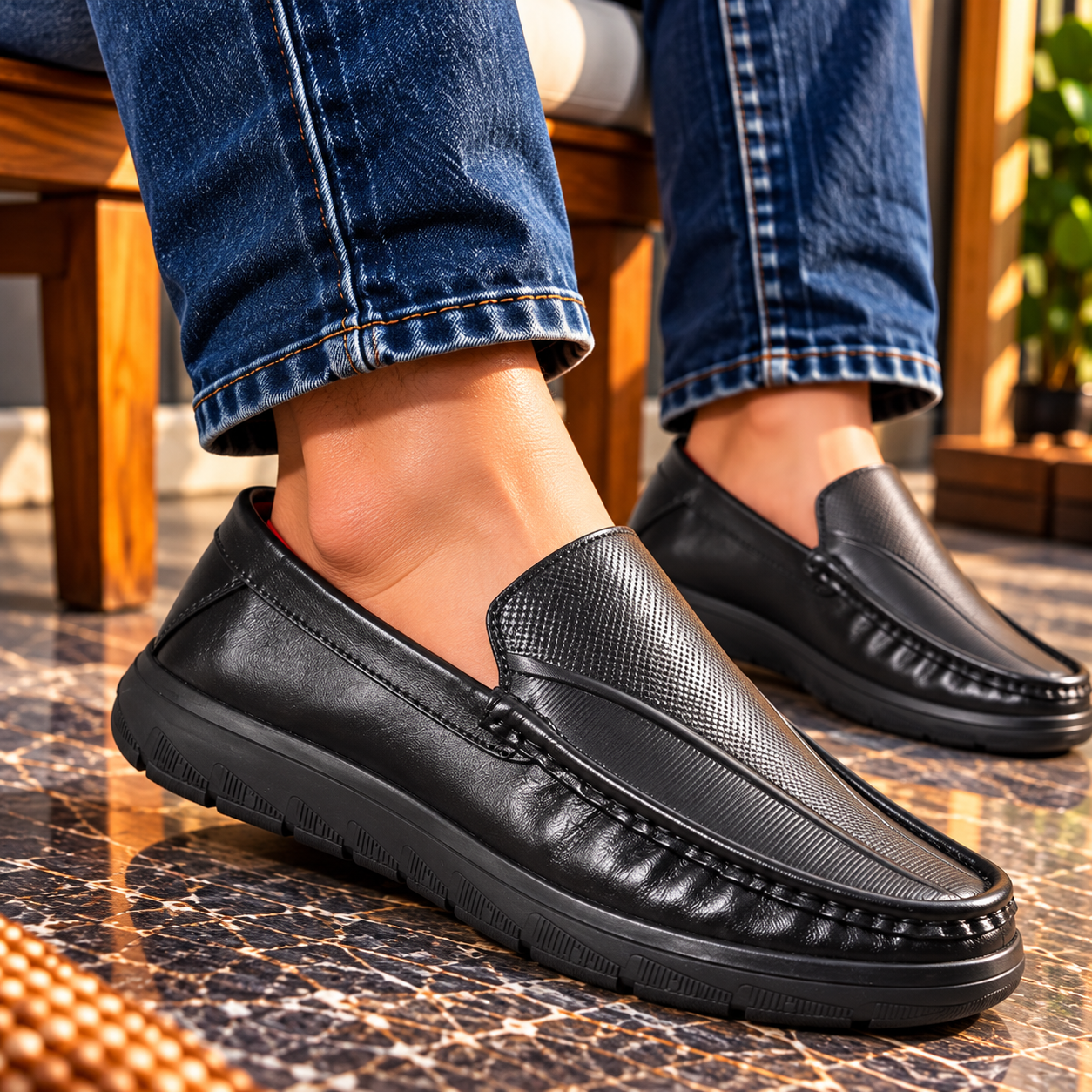 Black Texture Leather Comfort Casual Shoes S1205